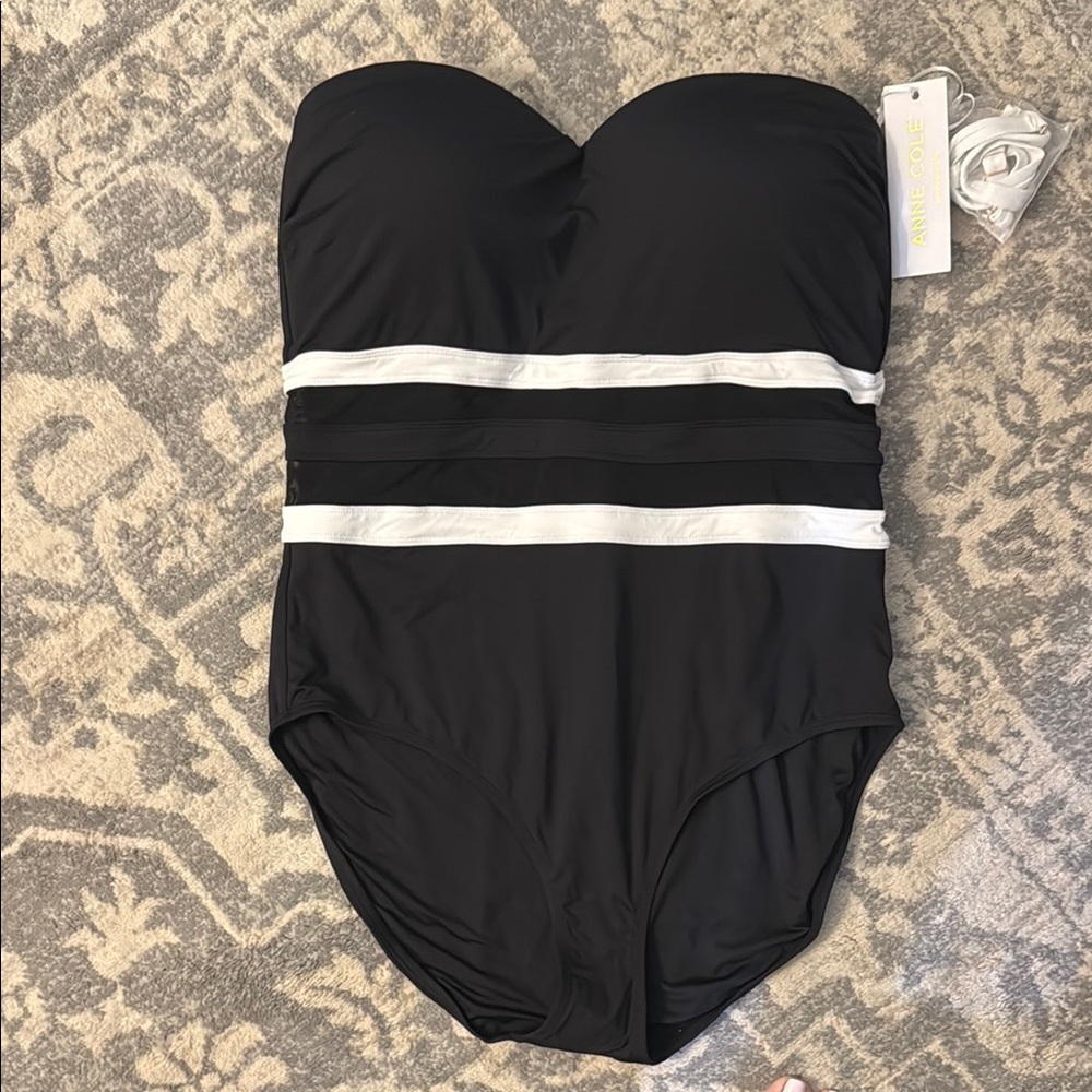 Anne Cole Black Strapless One-Piece with White Band Accents